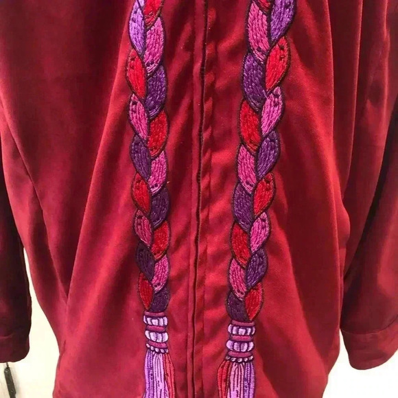 Bob Mackie Wearable Art Large Burgundy Zip Front Jacket Top Embroidered Tassel - Picture 3 of 8